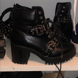 Black lace up chunky heel booties silver buckles